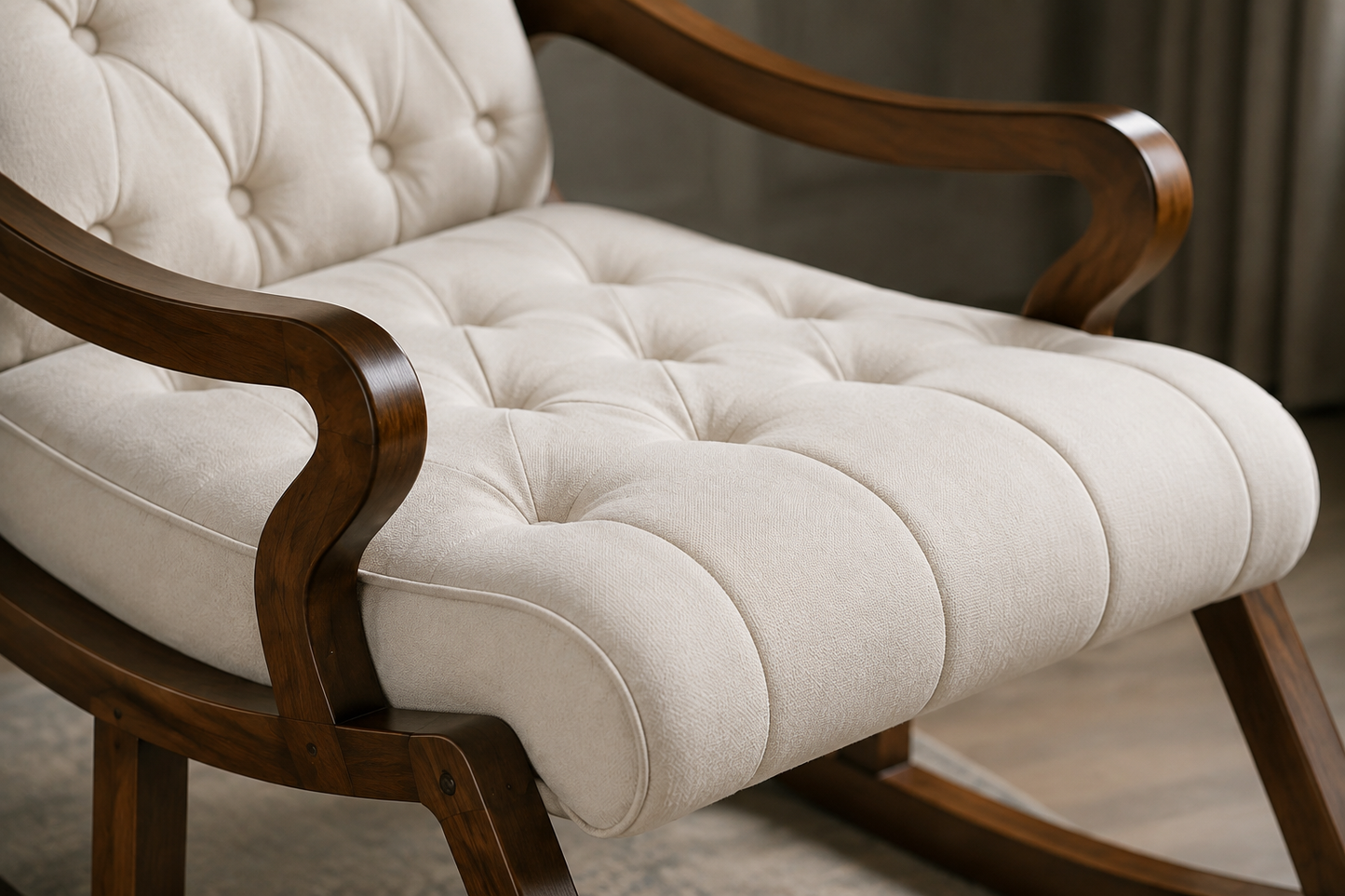 Premium Walnut Rocking Chair with Cream Tufted Cushions