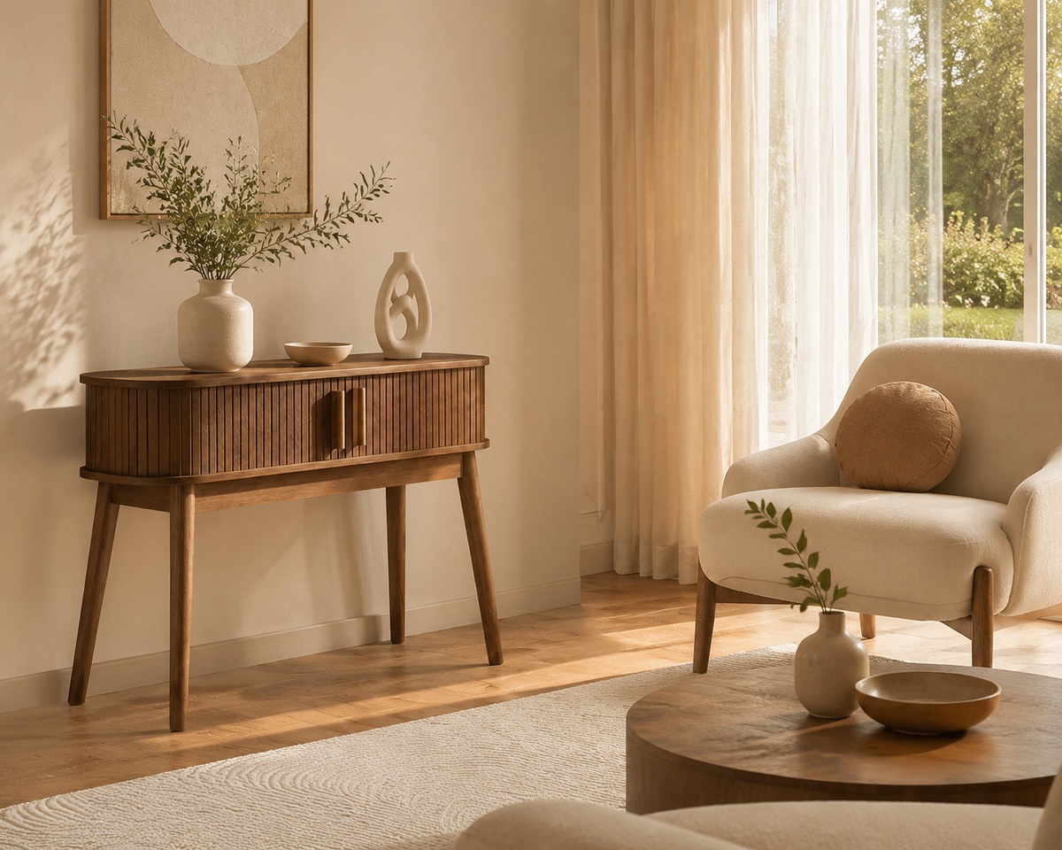 Modern Fluted Walnut Console Table