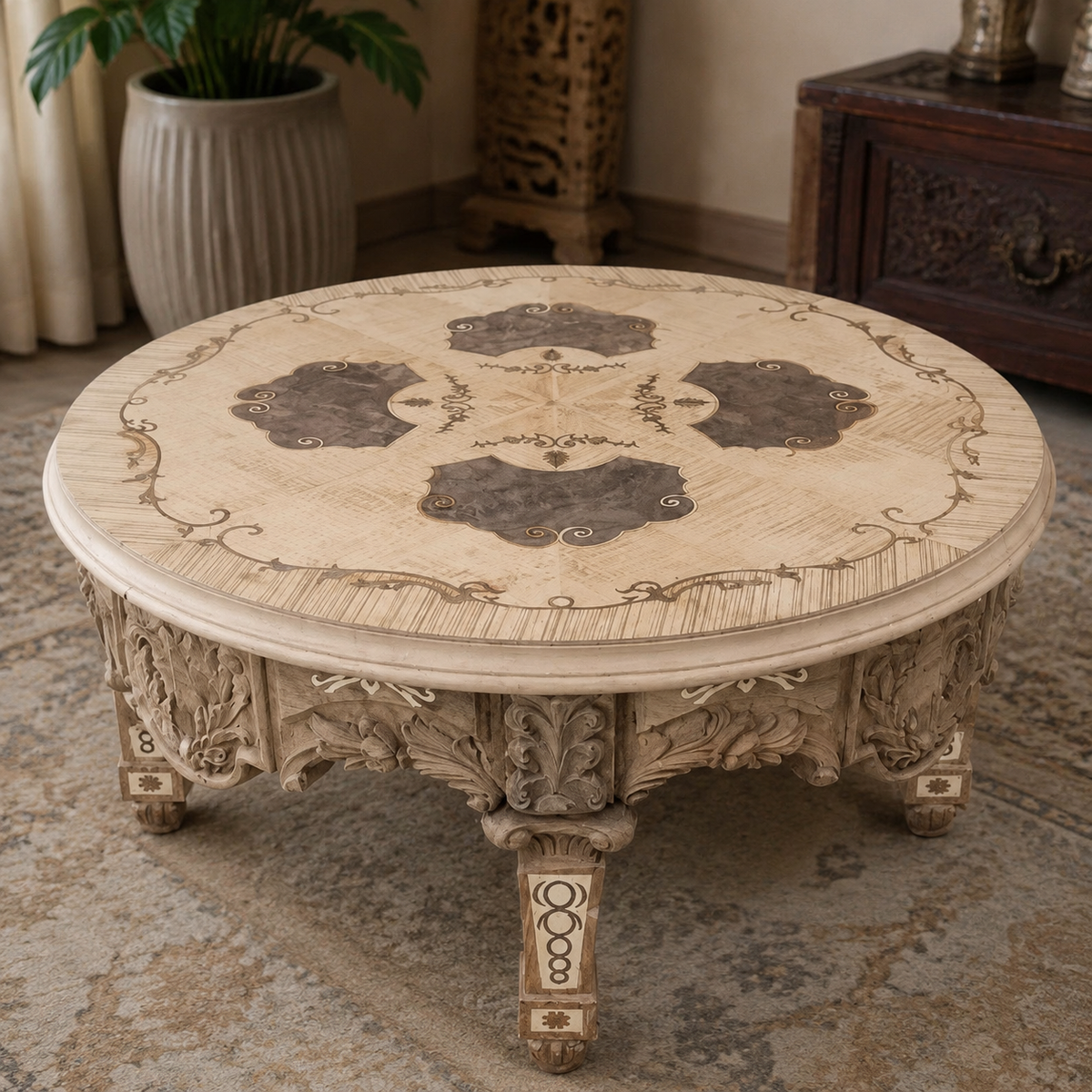 Handcrafted carved pale wood coffee table