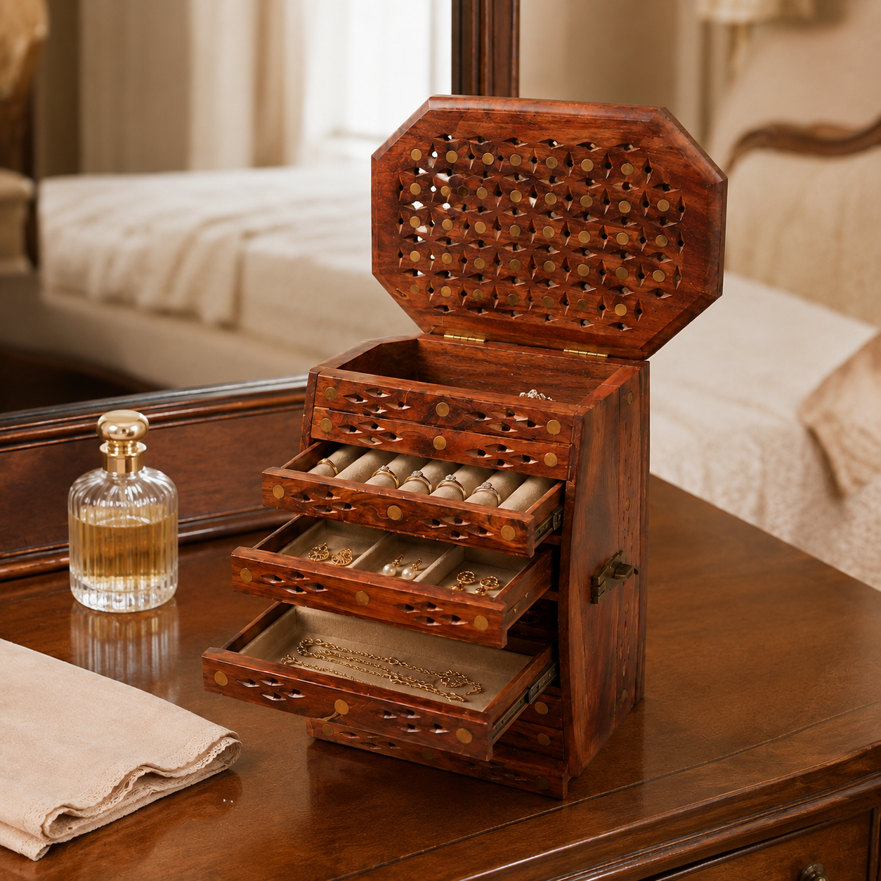handcrafted wooden box on console