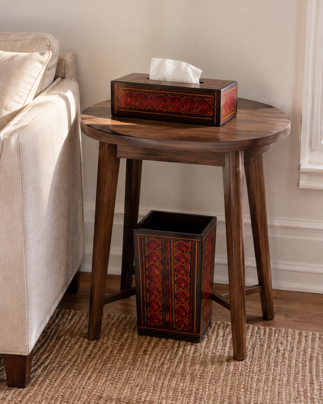 Glossy paisley wooden tissue box and basket