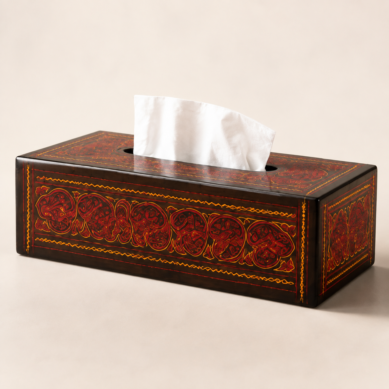 Glossy paisley wooden tissue box and basket