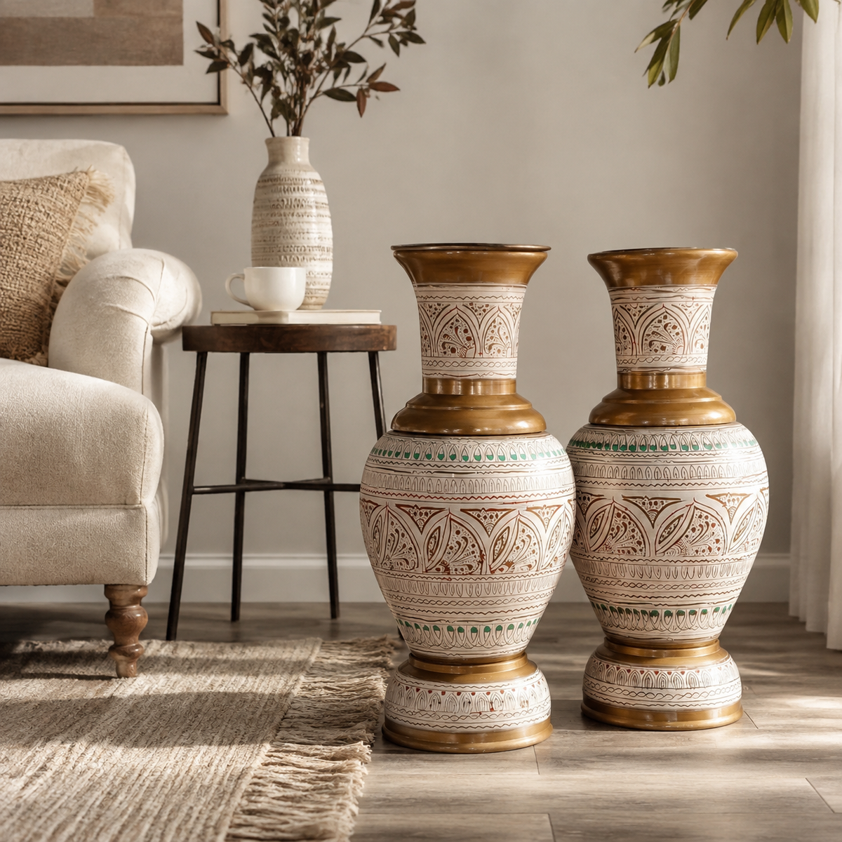 Antique-gold Handcrafted Floor Vase Pair