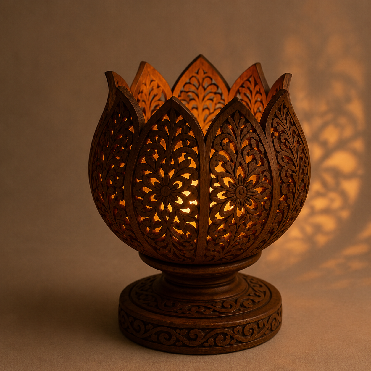 Handcrafted illuminated wooden lotus lamp