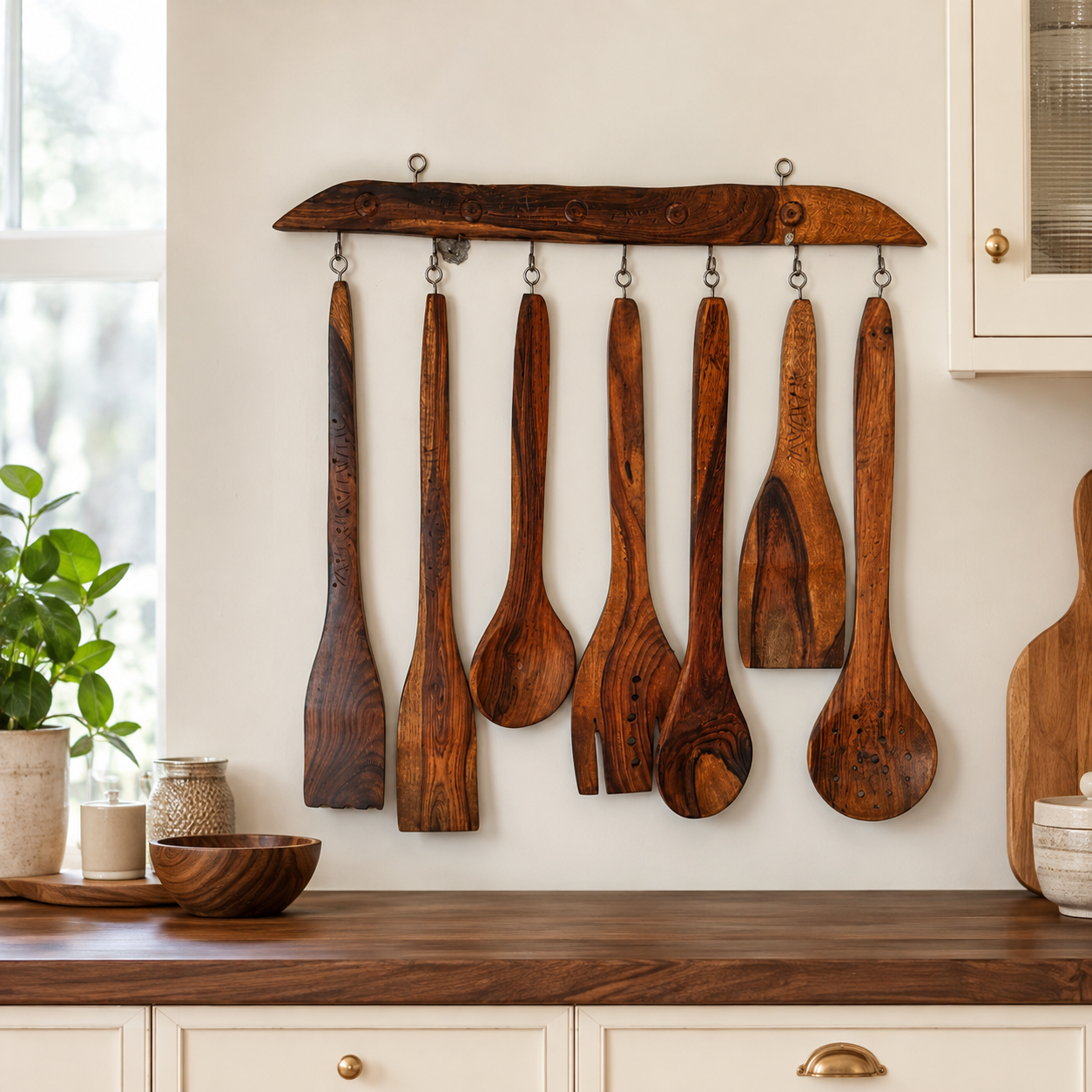 Seven-piece wooden utensil rack set