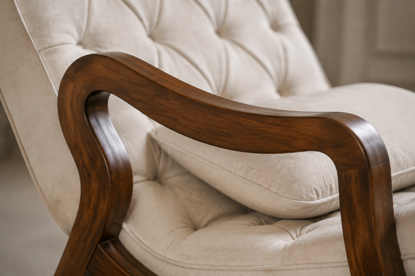 Premium Walnut Rocking Chair with Cream Tufted Cushions