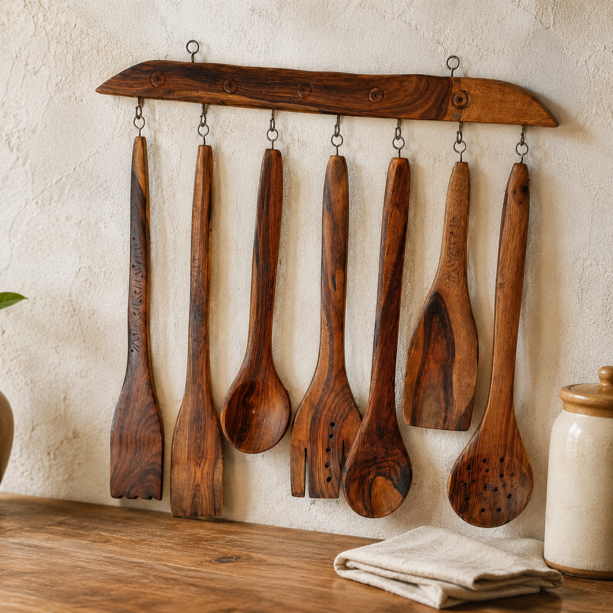 Seven-piece wooden utensil rack set