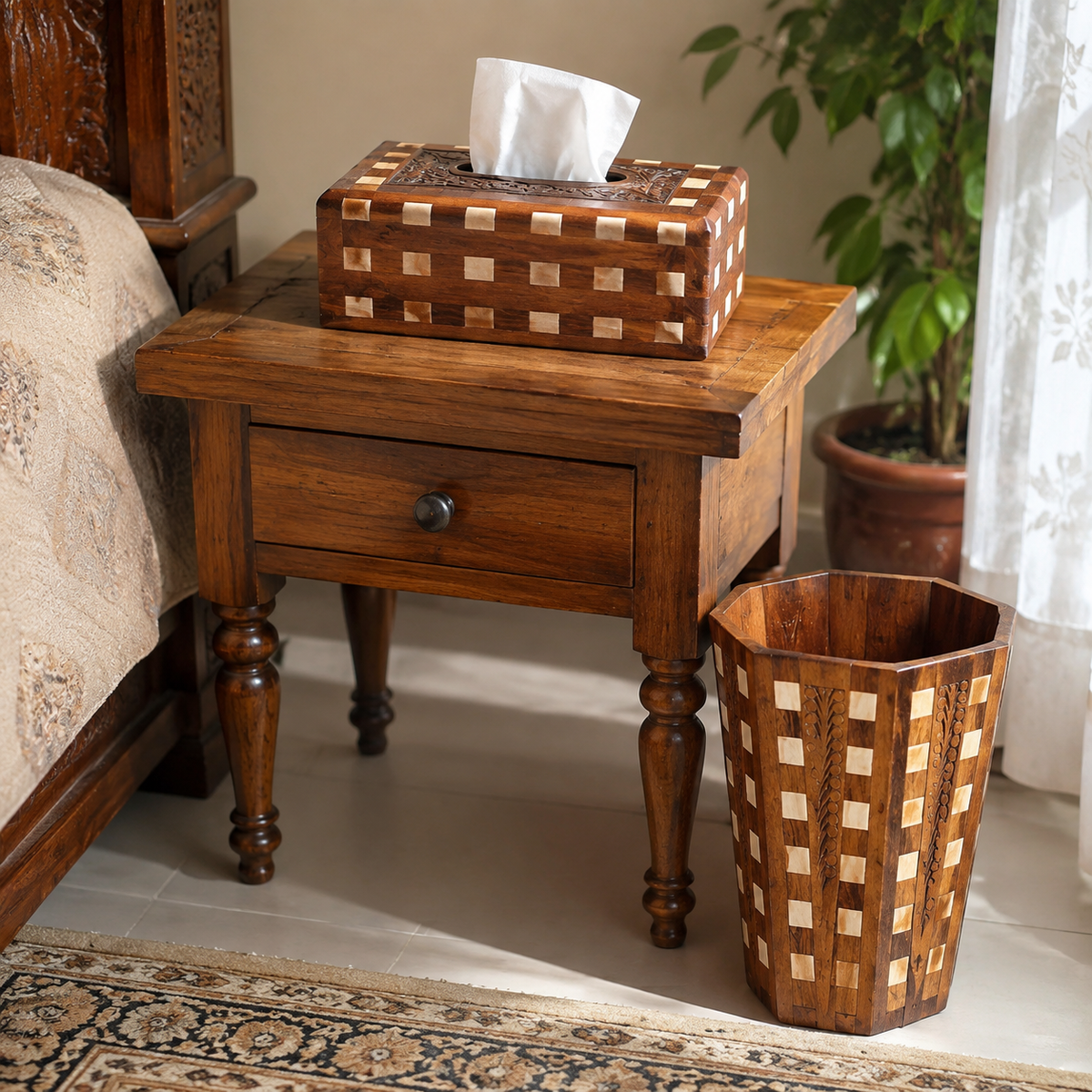 Handcrafted Wooden Tissue Box and Wastebasket Set