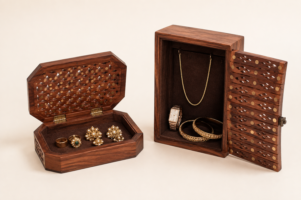 handcrafted wooden box on console