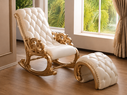 Luxury Cream Tufted Rocking Chair with Footstool