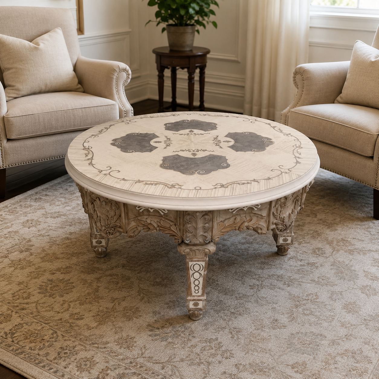 Handcrafted carved pale wood coffee table