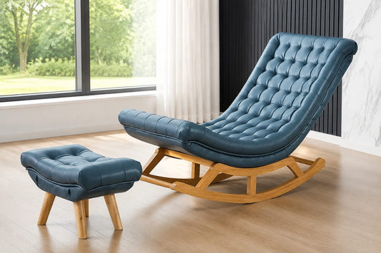 Modern Blue Tufted Rocking Chair with Footstool