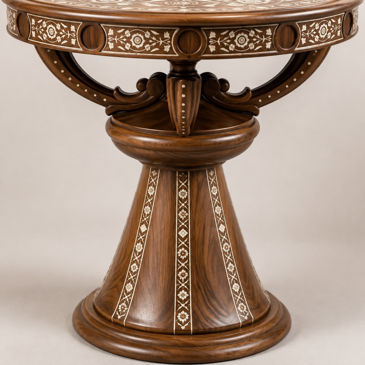 Walnut floral-inlay table beside