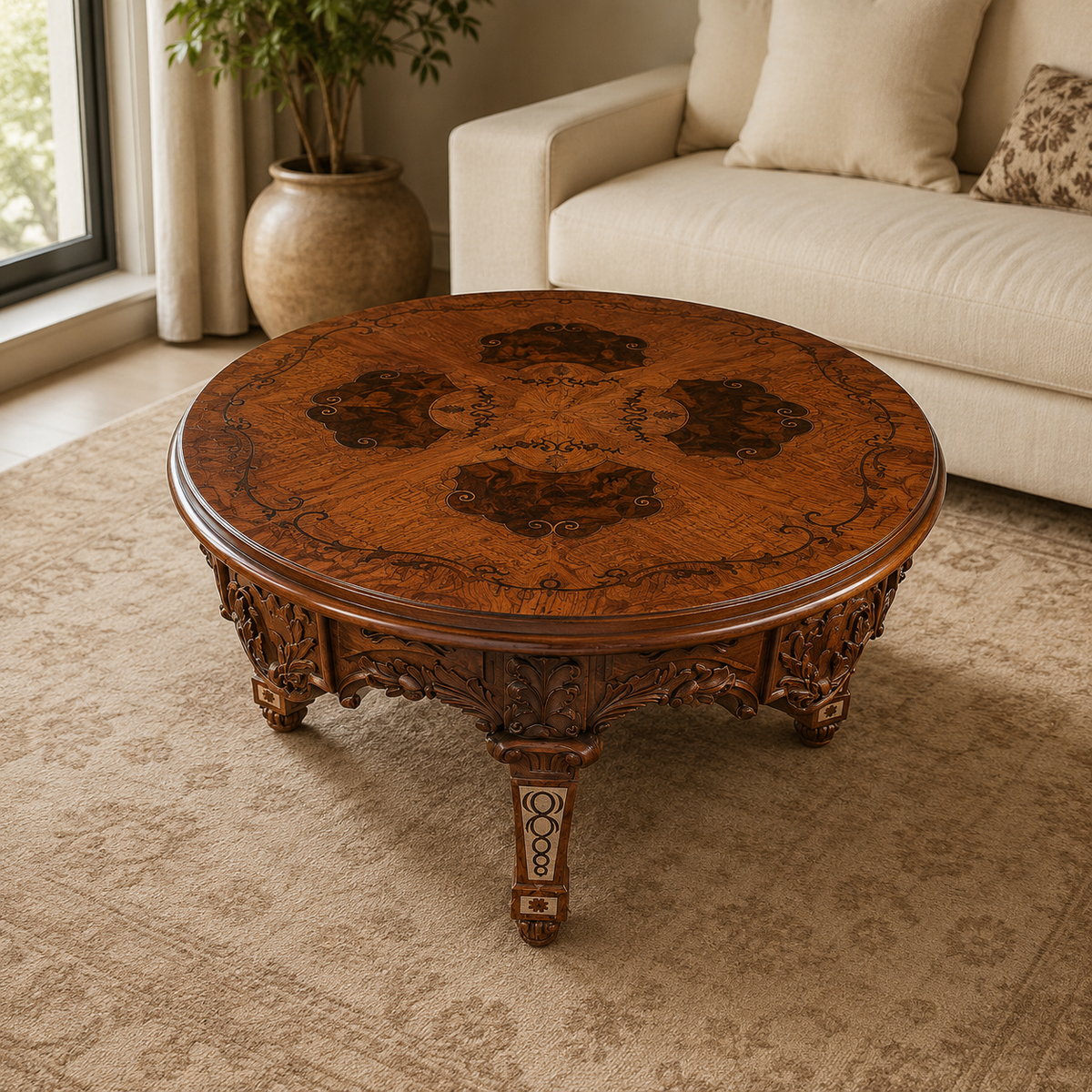 Handcrafted carved pale wood coffee table