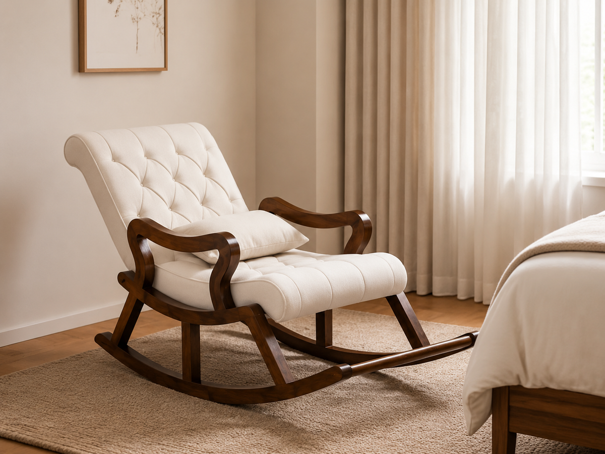 Premium Walnut Rocking Chair with Cream Tufted Cushions