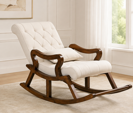 Premium Walnut Rocking Chair with Cream Tufted Cushions