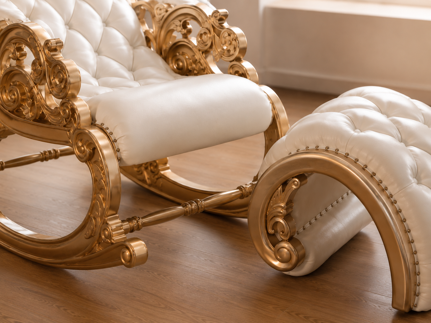 Luxury Cream Tufted Rocking Chair with Footstool