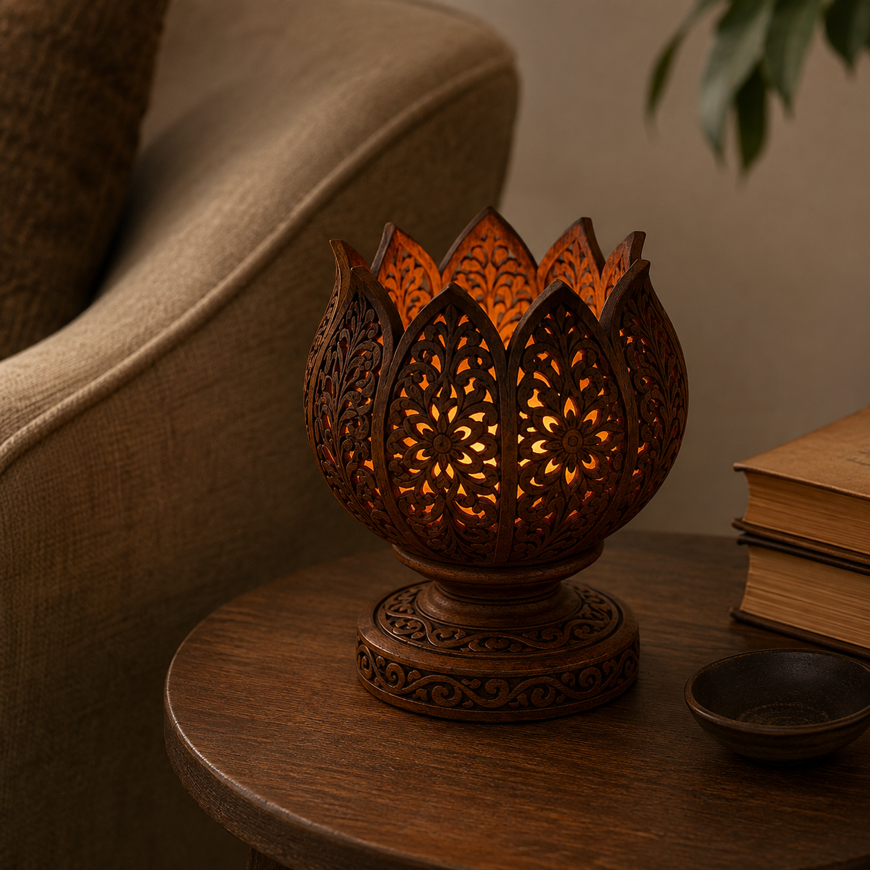 Handcrafted illuminated wooden lotus lamp