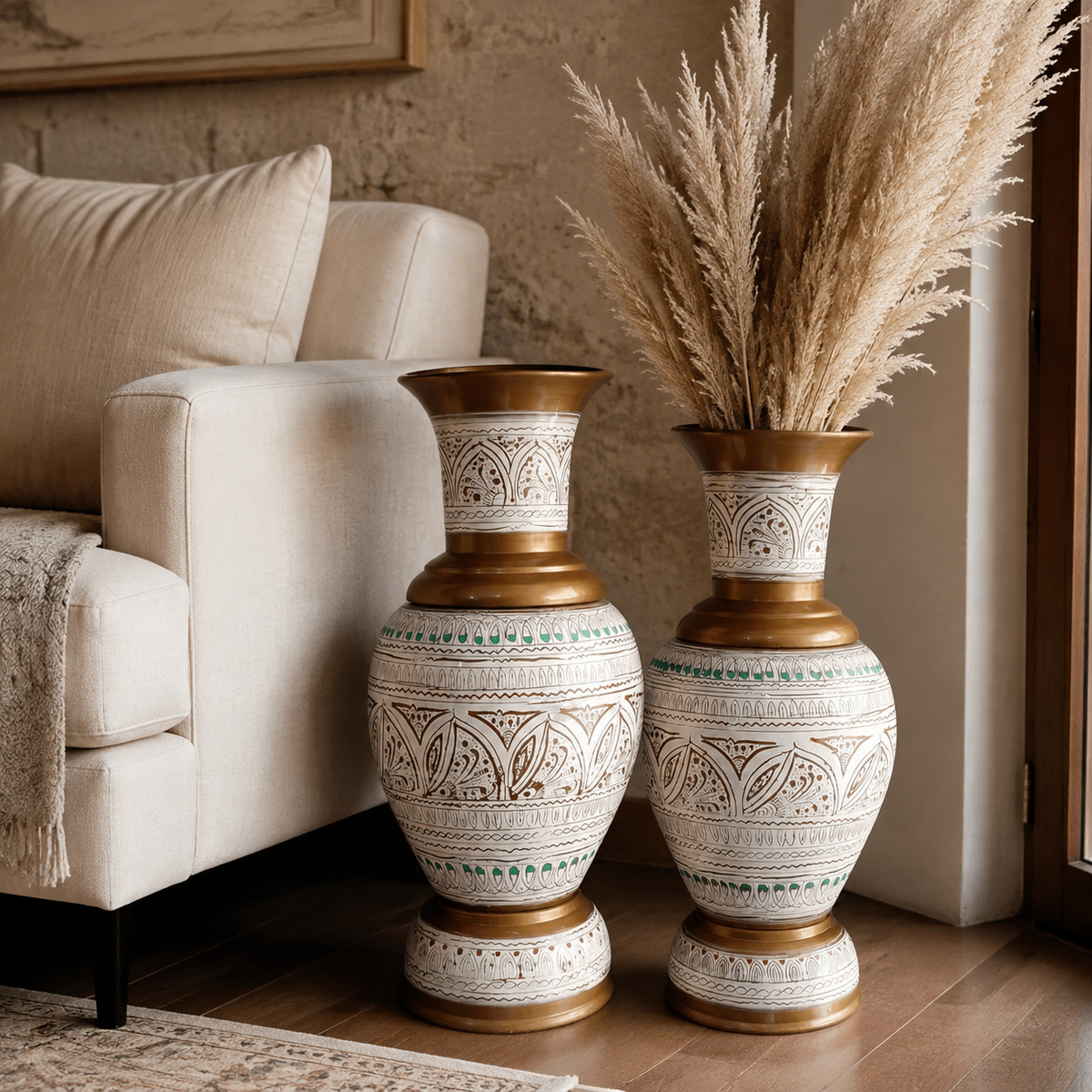 Antique-gold Handcrafted Floor Vase Pair