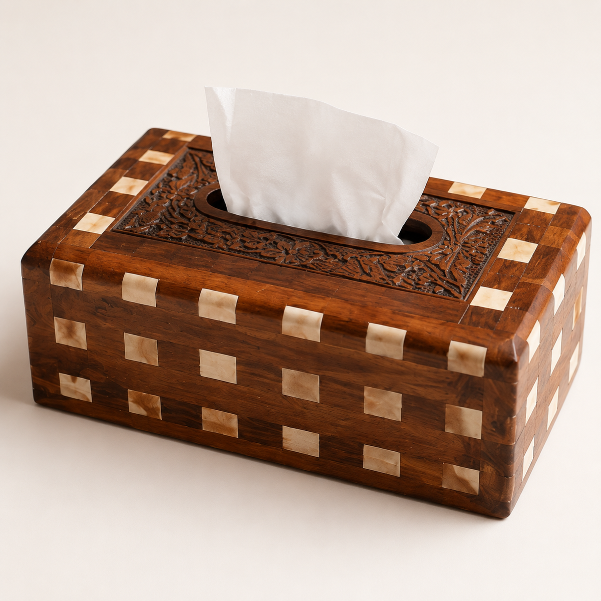 Handcrafted Wooden Tissue Box and Wastebasket Set