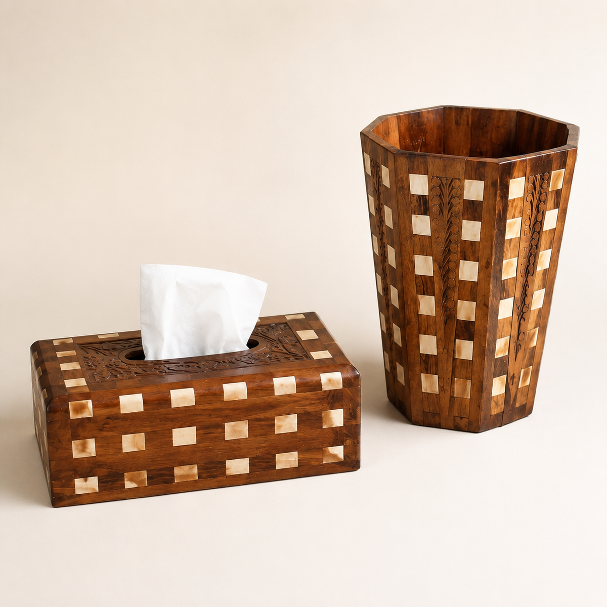 Handcrafted Wooden Tissue Box and Wastebasket Set