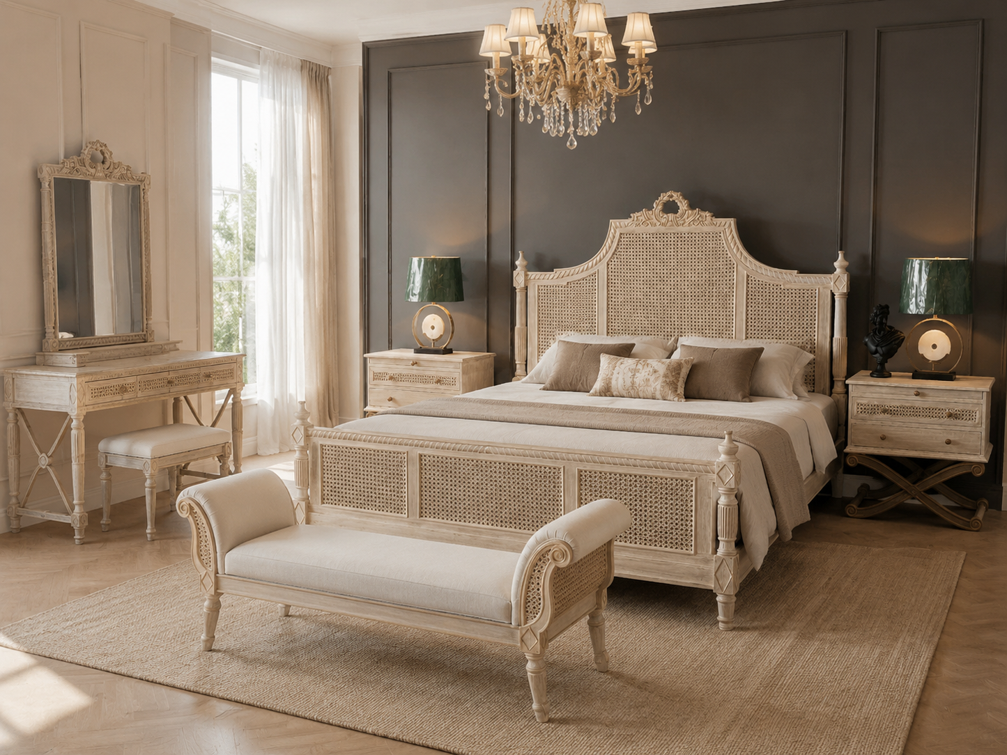 White French cane bed set