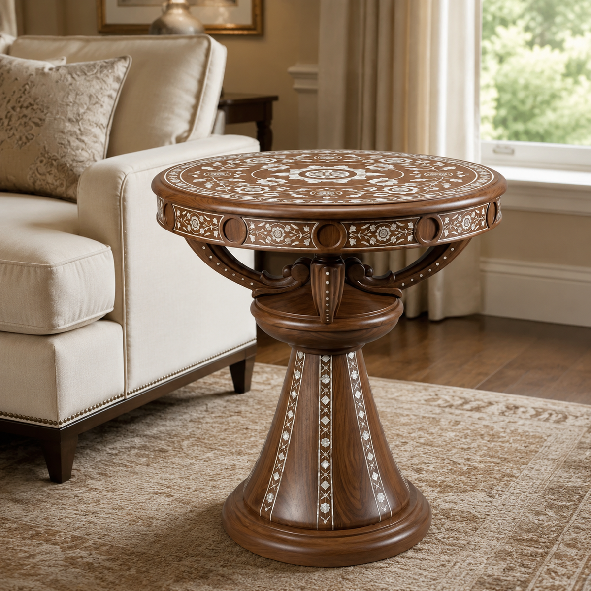 Walnut floral-inlay table beside