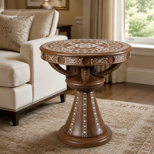 Walnut floral-inlay table beside