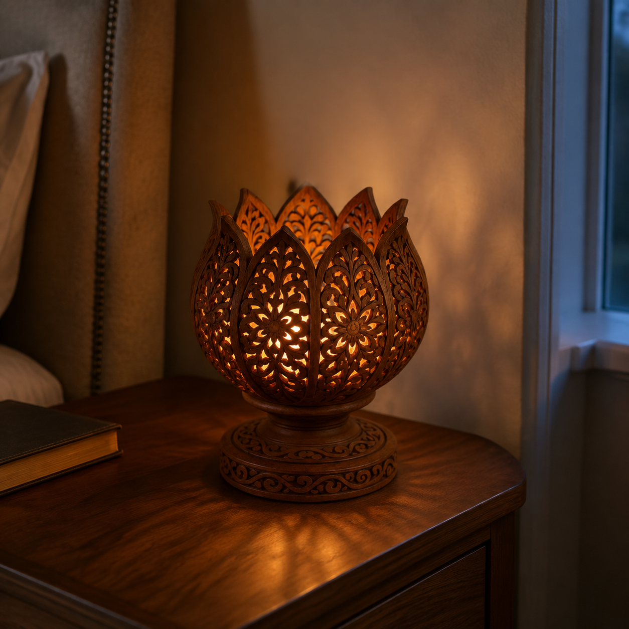 Handcrafted illuminated wooden lotus lamp