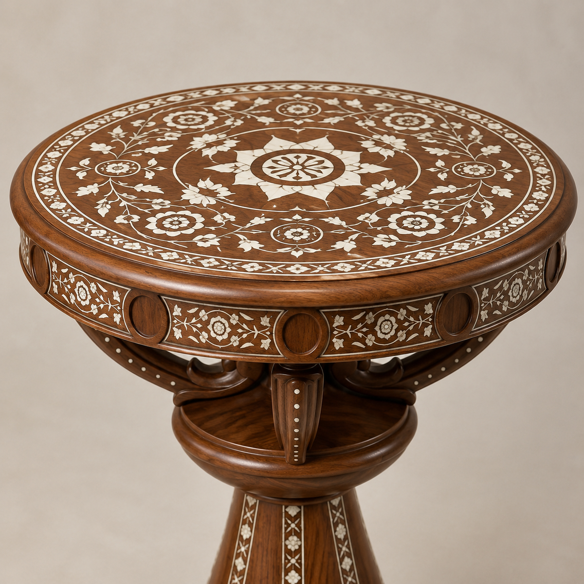 Walnut floral-inlay table beside