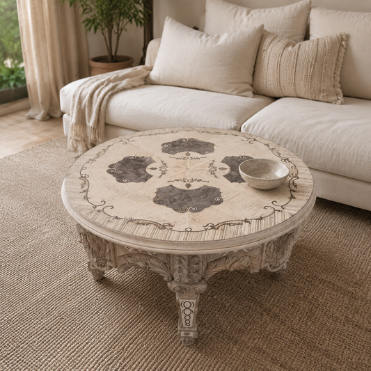 Handcrafted carved pale wood coffee table