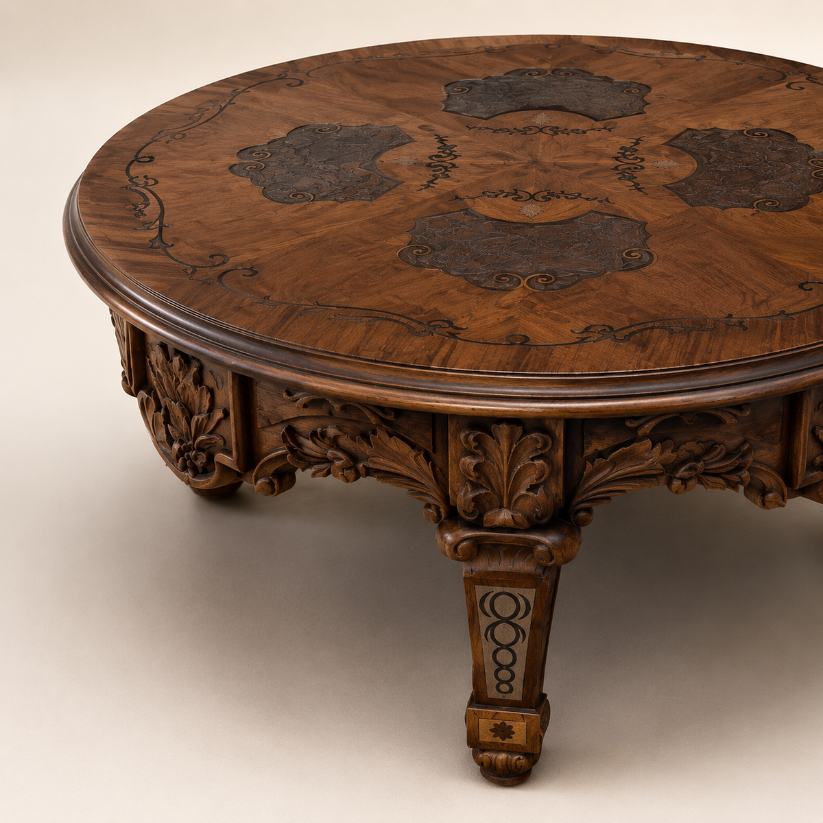 Handcrafted carved pale wood coffee table