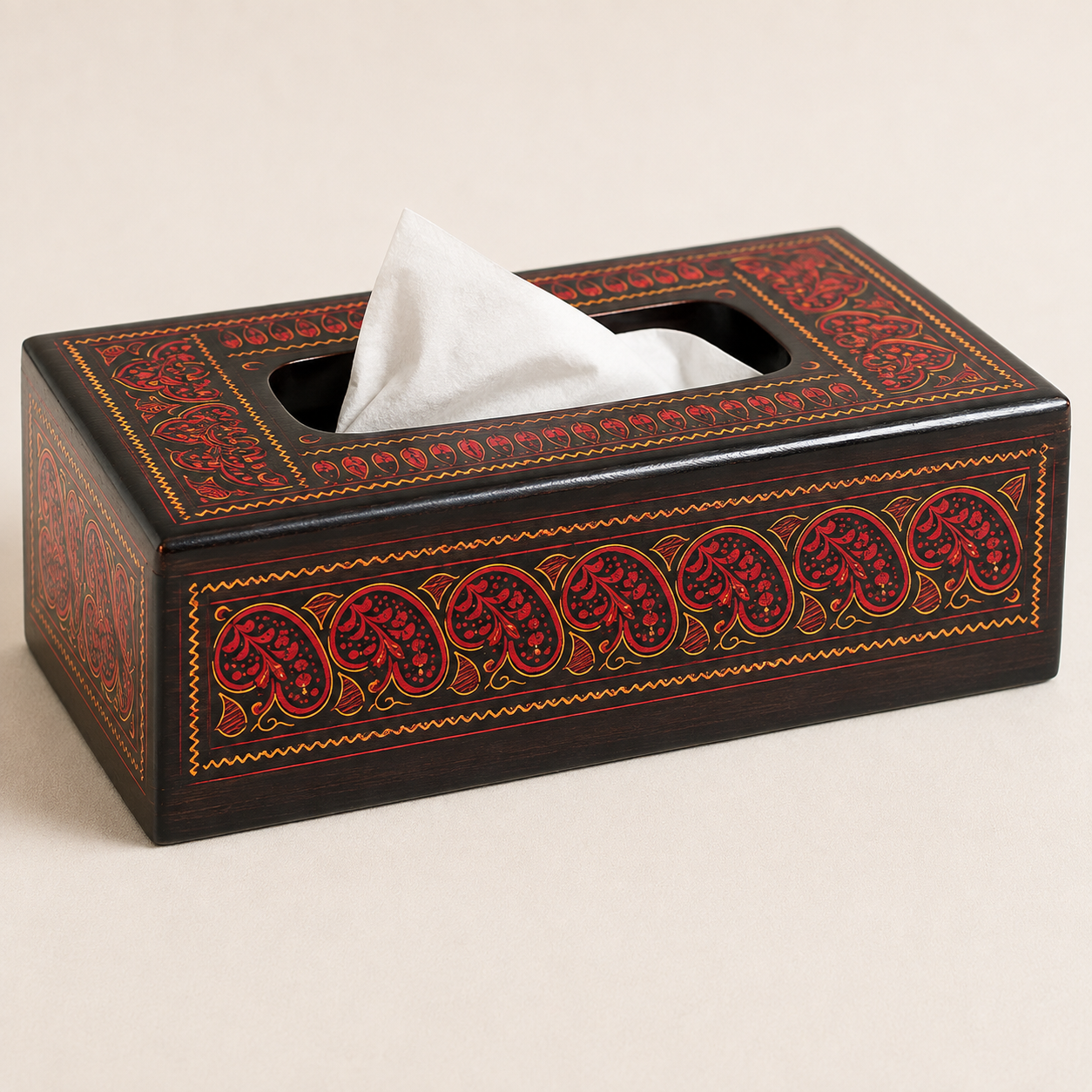 Glossy paisley wooden tissue box and basket