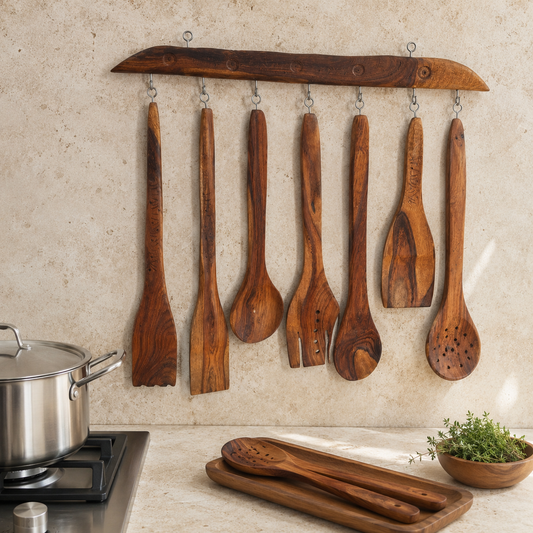 Seven-piece wooden utensil rack set