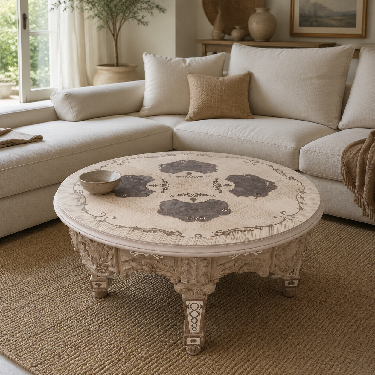 Handcrafted carved pale wood coffee table