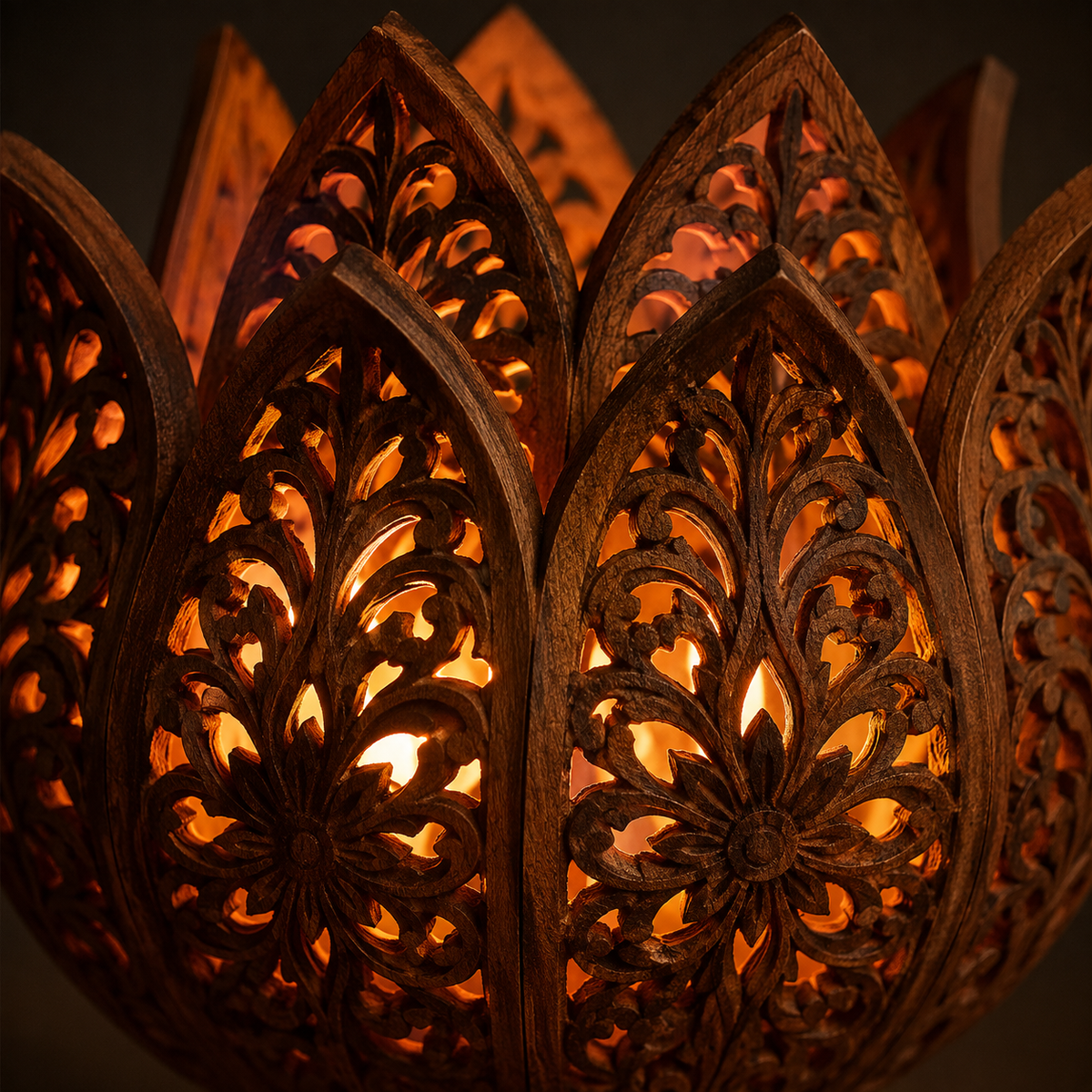 Handcrafted illuminated wooden lotus lamp