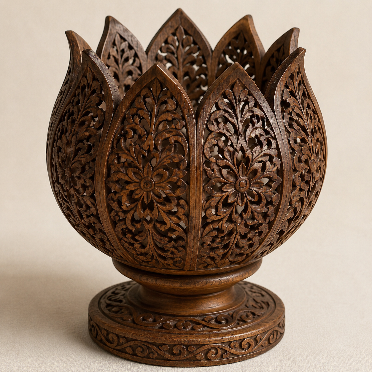Handcrafted illuminated wooden lotus lamp