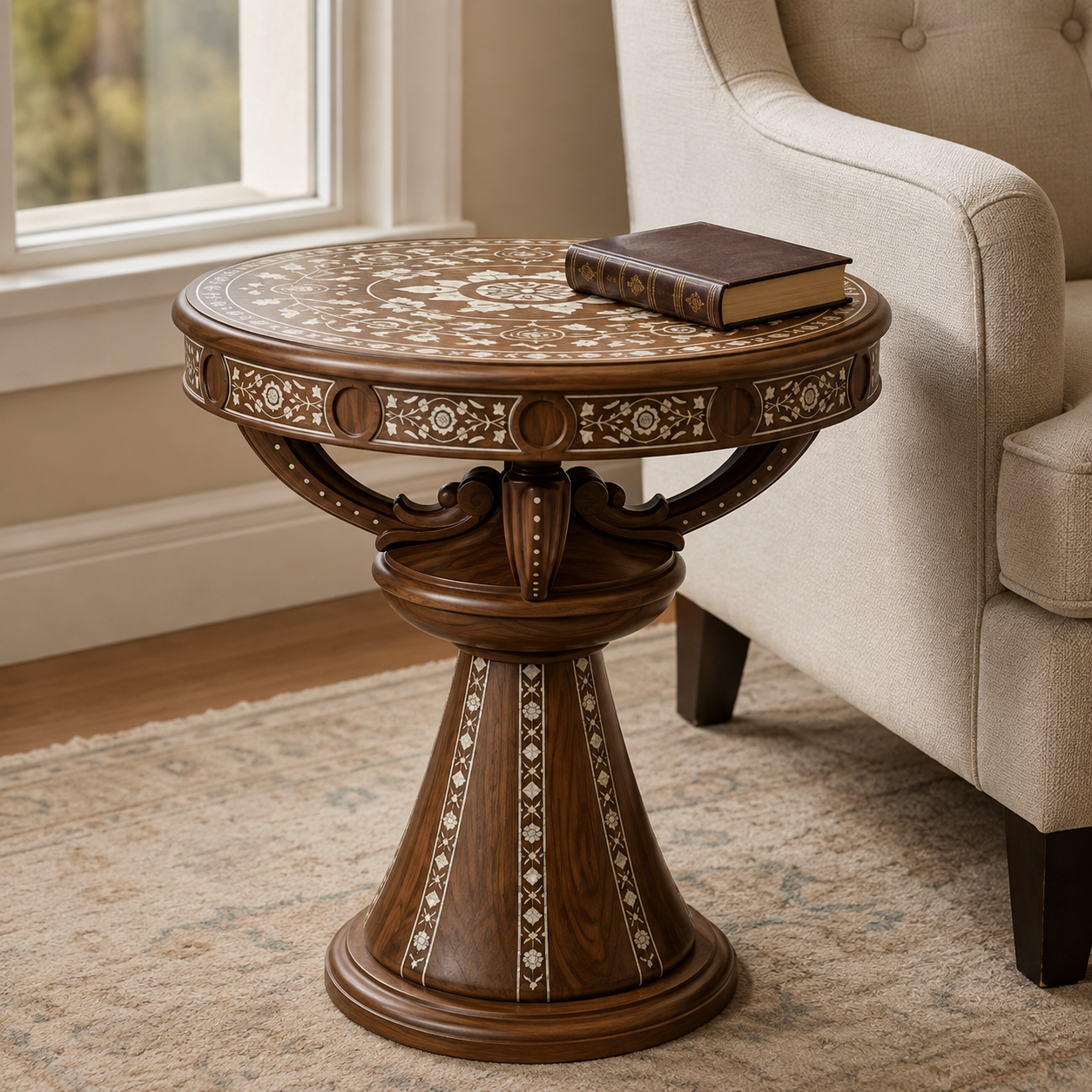 Walnut floral-inlay table beside