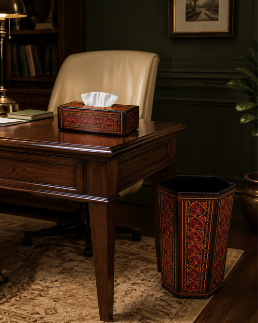 Glossy paisley wooden tissue box and basket
