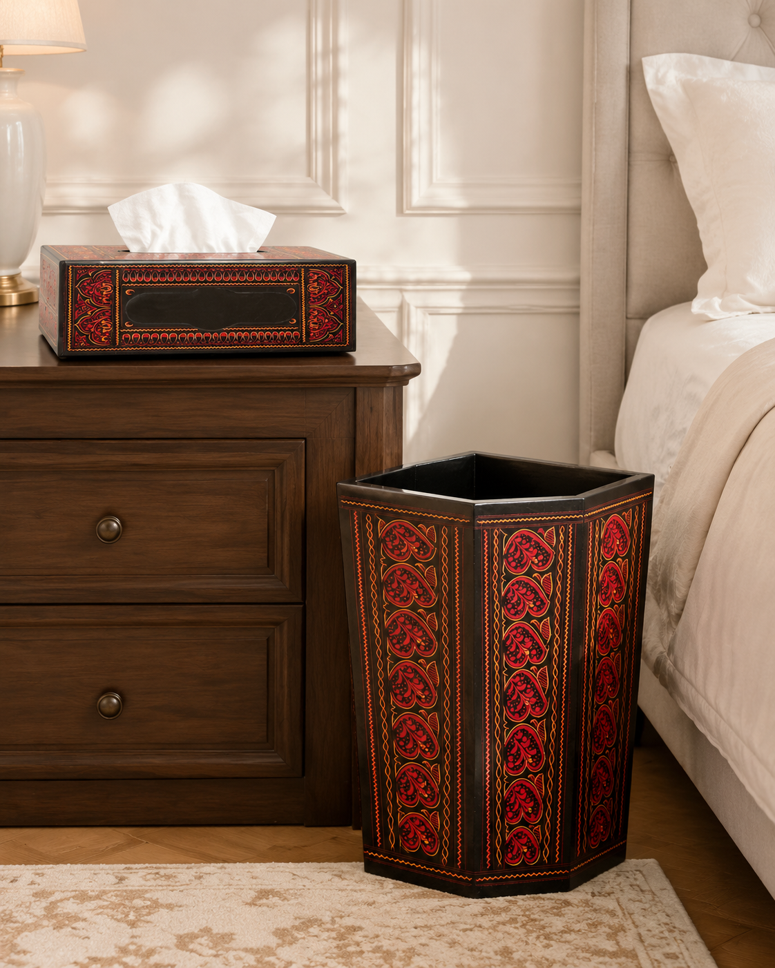 Glossy paisley wooden tissue box and basket