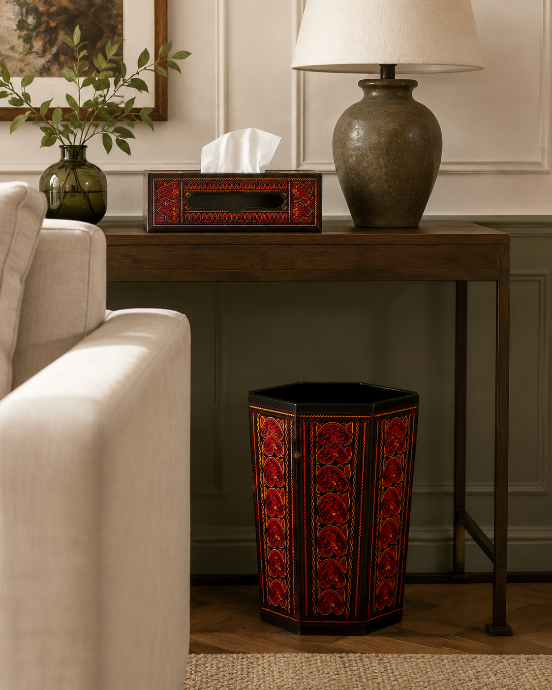 Glossy paisley wooden tissue box and basket