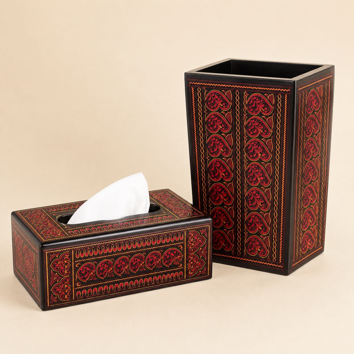 Glossy paisley wooden tissue box and basket