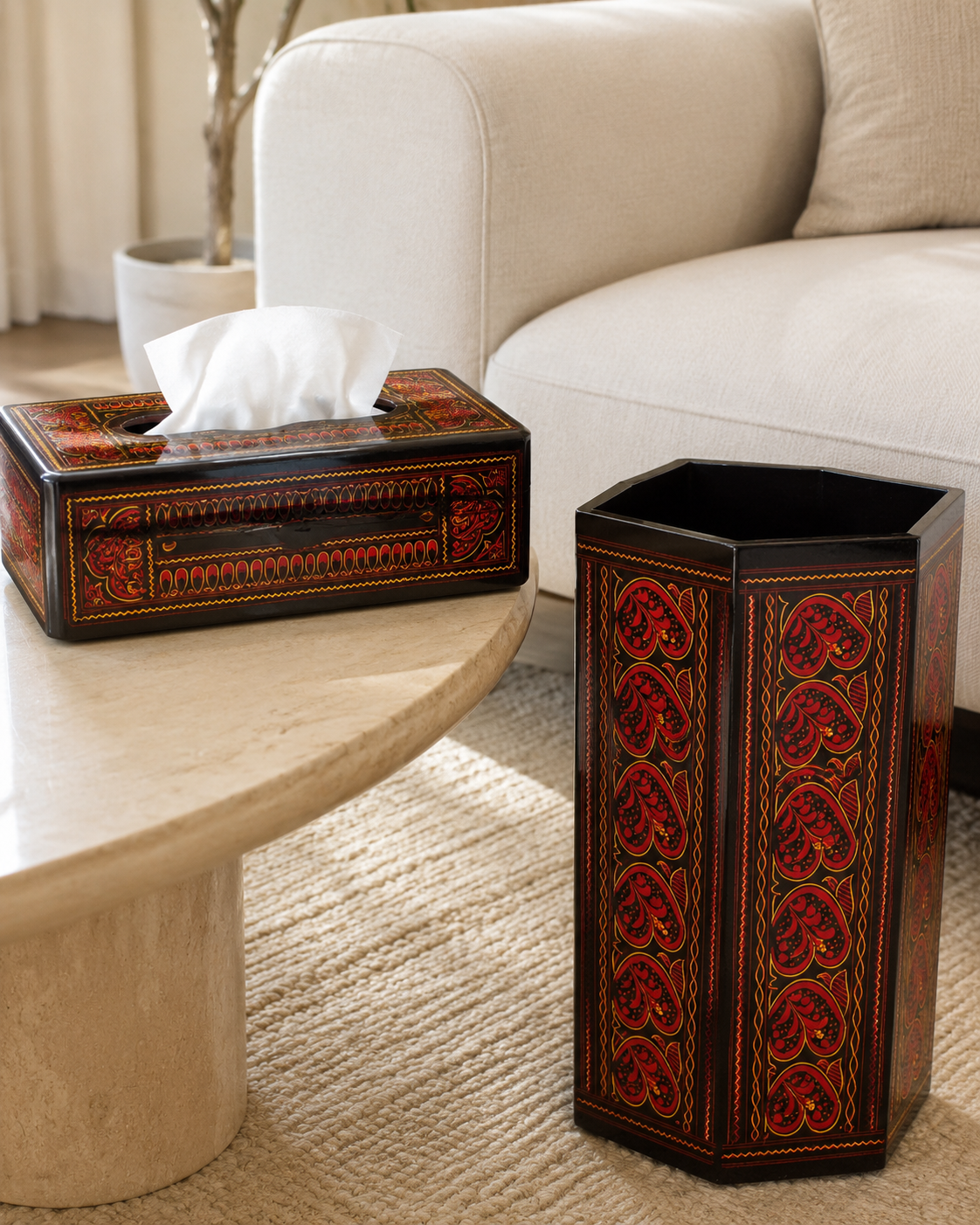 Glossy paisley wooden tissue box and basket